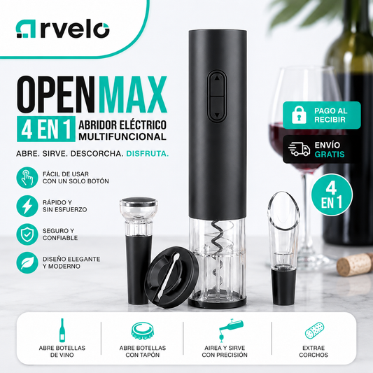 OPENMAX™ 4 en 1 Sacacorchos eléctrico - Apertura automática, sin corchos rotos ni residuos, fabricado en ABS de alta resistencia