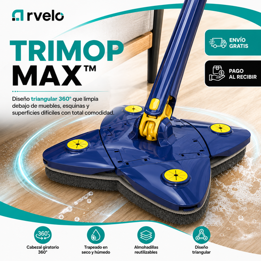 TRIMOP MAX™ Fregona de Limpieza telescópica 360* -  Sistema autoescurrible, Microfibra reutilizable, Mango telescópico y Limpia más rápido y con mucho menos esfuerzo