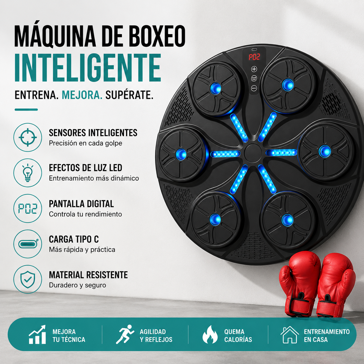 ReflexBox™ Máquina de boxeo inteligente - Bluetooth Integrado, Ejercicio Completo para Todo el Cuerpo, Ideal para Toda la Familia