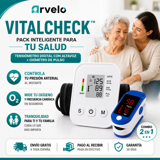 VITALCHECK Pack Inteligente para tu salud - Medición de SpO₂, Medición de frecuencia cardíaca, Rango de presión: 0–299 mmHg, Pulso: 40–200 lpm.