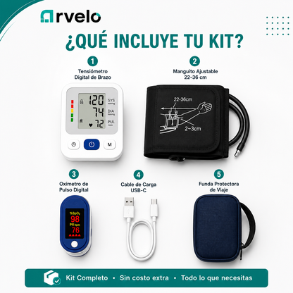VITALCHECK Pack Inteligente para tu salud - Medición de SpO₂, Medición de frecuencia cardíaca, Rango de presión: 0–299 mmHg, Pulso: 40–200 lpm.