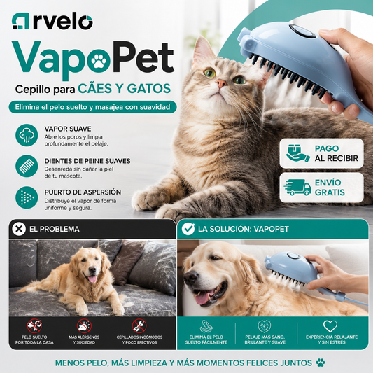 VapoPet™ Pro | Cepillo de Vapor para Perros y Gatos – Elimina el Pelo Suelto y Masajea con Suavidad