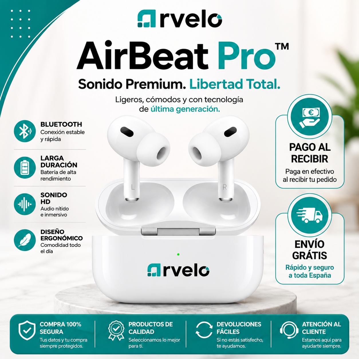 AIRBEAT PRO Auriculares Inalámbricos 2ª Generación - Sonido HD,  Bluetooth 5.3, con 30 horas de autonomía, Resistentes al sudor y Compatibles con iPhone, Android y Windows.