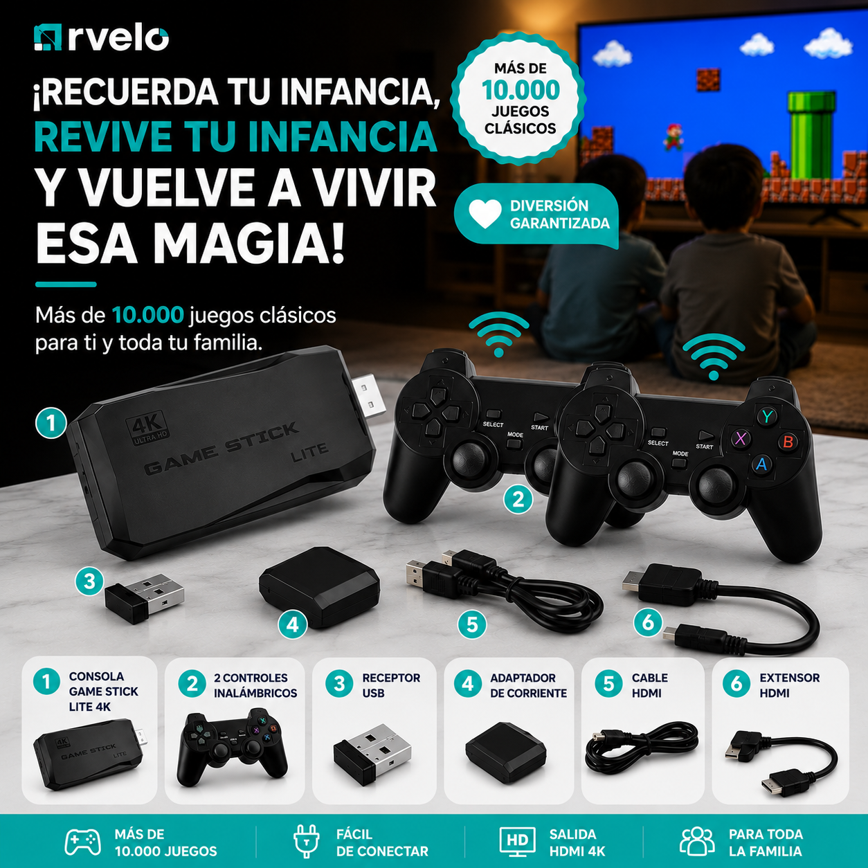 RETROPLAY Videojuegos Retro - Más de 10.000 juegos, Dos mandos inalámbricos, Diversión para toda la familia y 4K