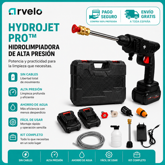 HYDROJET PRO™ Pistola Alta Presión Profesional - Portátil Doble Bateria, Hasta 80 minutos de autonomía, Motor de cobre de alta durabilidad y  Potente presión de hasta 70 BAR