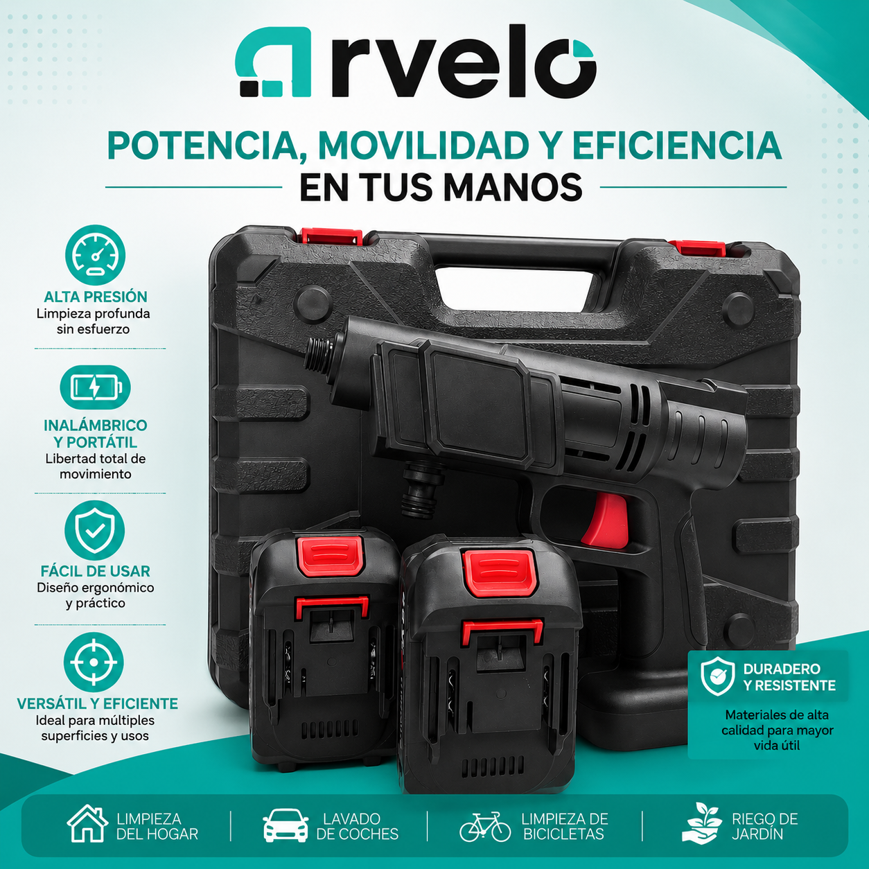HYDROJET PRO™ Pistola Alta Presión Profesional - Portátil Doble Bateria, Hasta 80 minutos de autonomía, Motor de cobre de alta durabilidad y  Potente presión de hasta 70 BAR