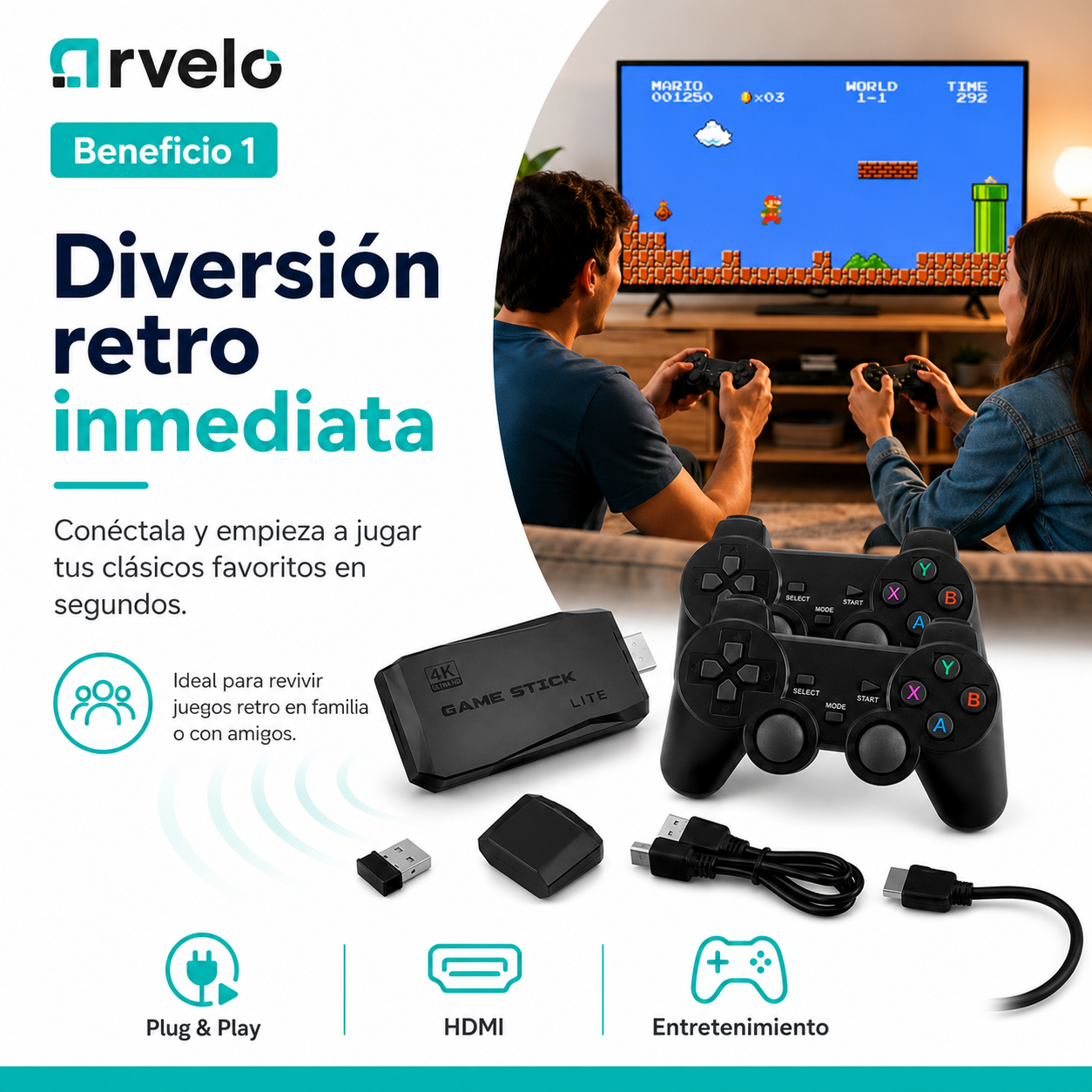 RETROPLAY Videojuegos Retro - Más de 10.000 juegos, Dos mandos inalámbricos, Diversión para toda la familia y 4K