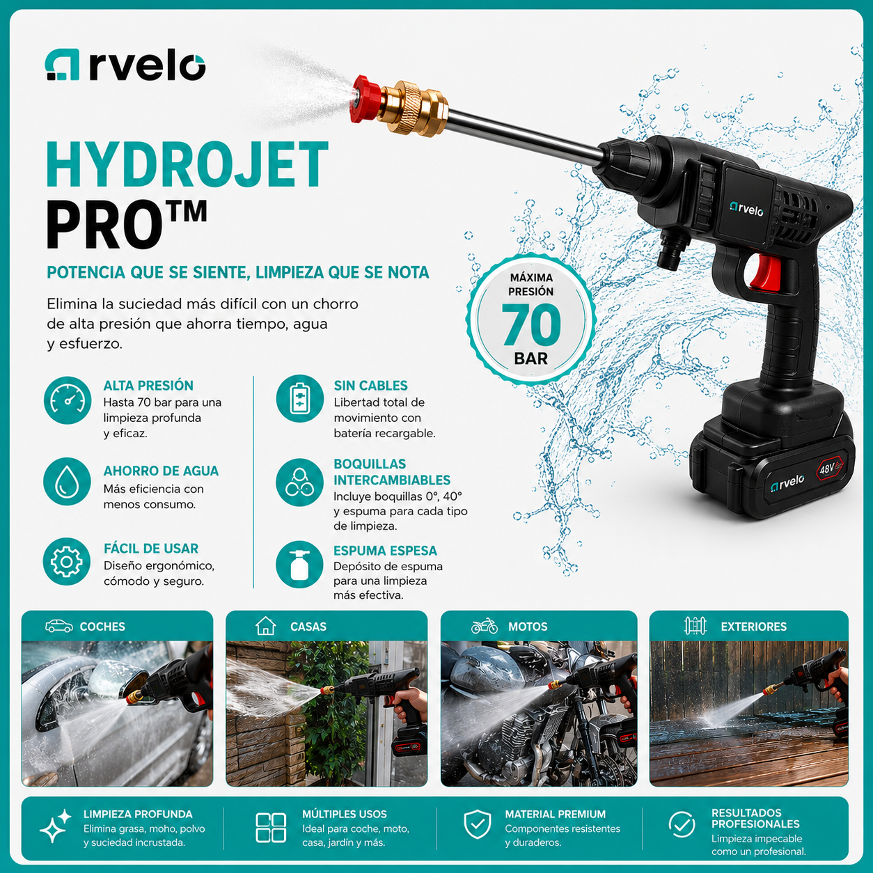 HYDROJET PRO™ Pistola Alta Presión Profesional - Portátil Doble Bateria, Hasta 80 minutos de autonomía, Motor de cobre de alta durabilidad y  Potente presión de hasta 70 BAR